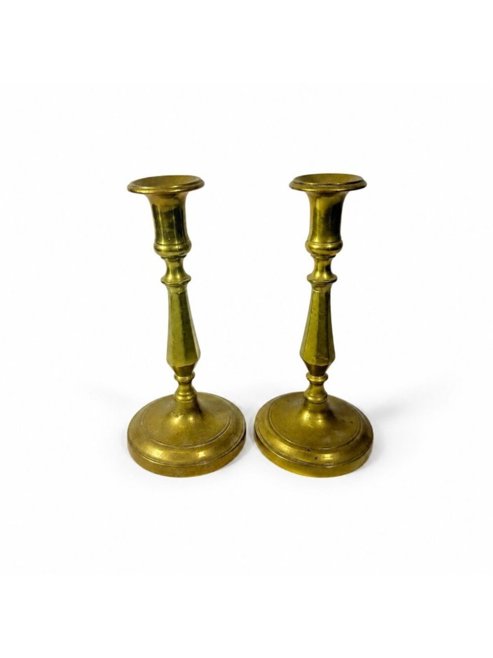 Solid Brass Candlesticks Pair Early 20th Century Vintage Metal Traditional Table